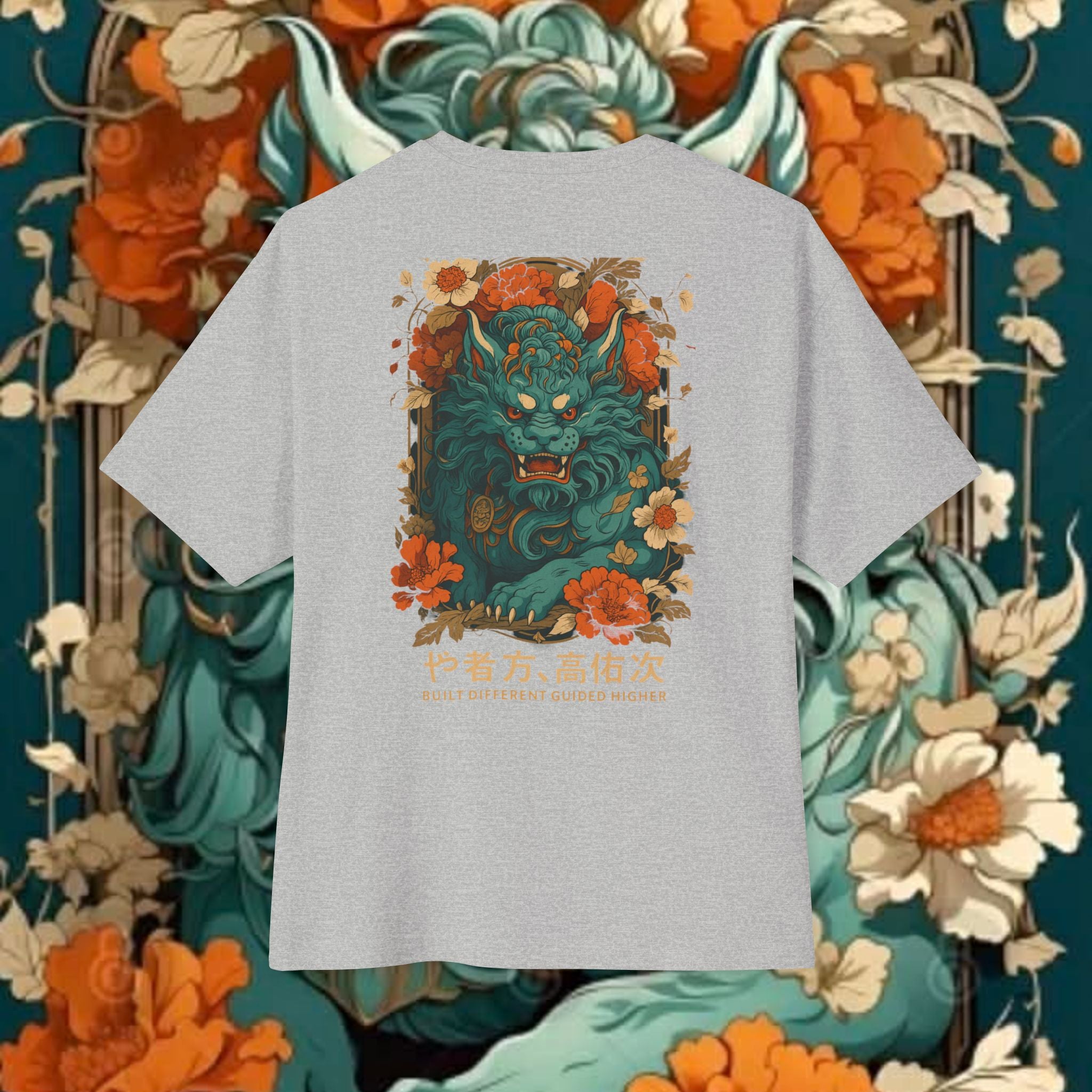 Blue Oni Demon Illustration Tee | Floral Japanese Lion Graphic T-shirt