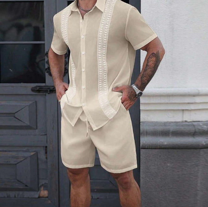 Mens Lapel-printed Short-sleeve Shirt And Shorts Set