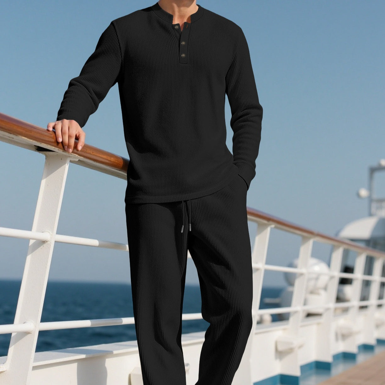 Mens Casual Solid-Color Button-Down Crew-Neck Long-Sleeve Pants Set