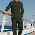 Mens Casual Solid-Color Button-Down Crew-Neck Long-Sleeve Pants Set